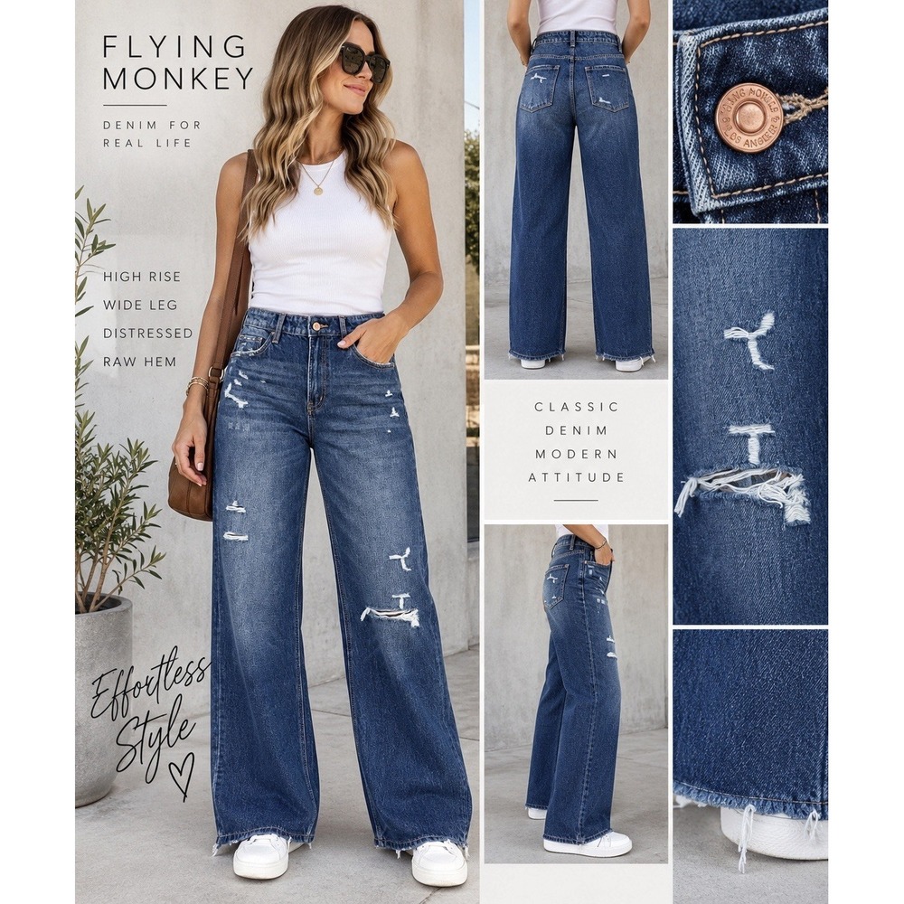 Flying Monkey Jeans Womens 29 High Rise Wide Leg Distressed Raw Hem Blue F4570D